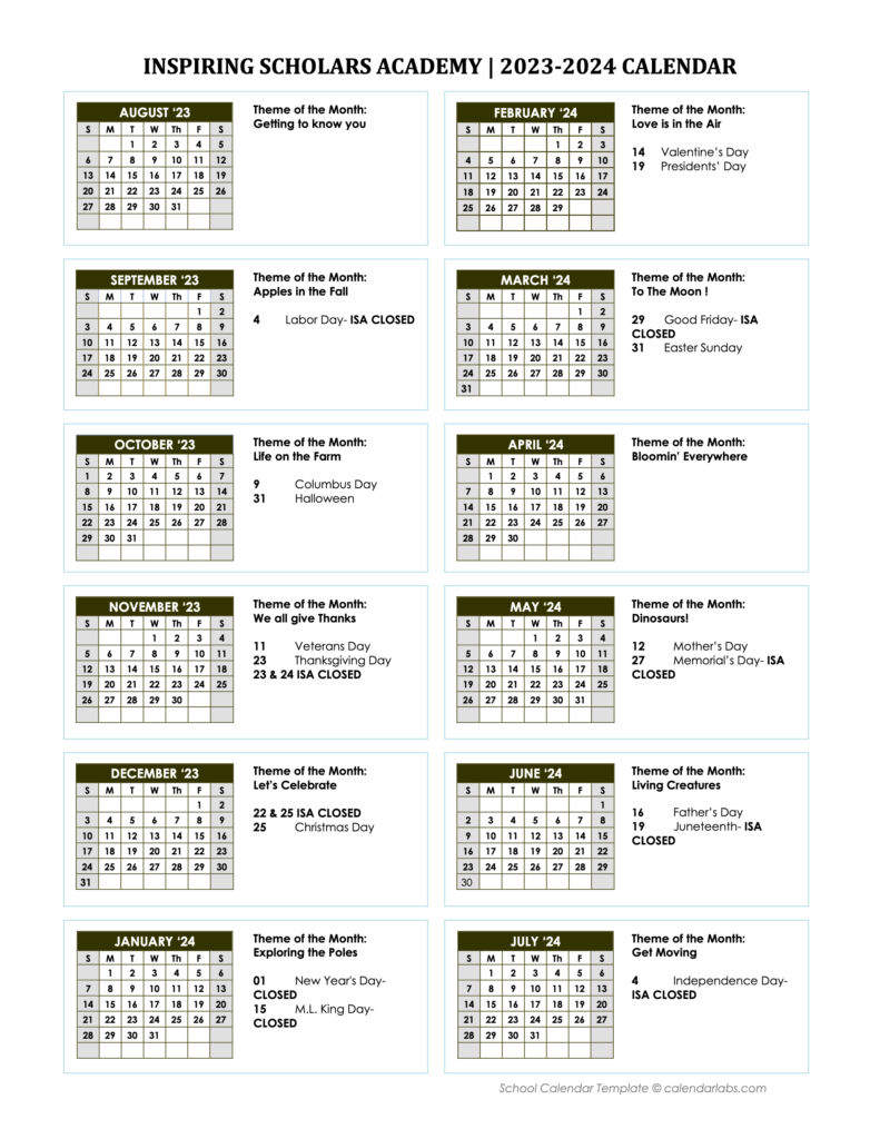 ISA 20232024 CALENDAR Inspiring Scholars Academy, Tutoring and